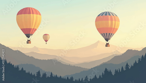 Three colorful hot air balloons floating over layered mountain ranges at sunset.