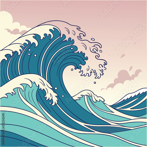Illustration of a great wave in the japanese ukiyo-e style depicting the power and beauty of the ocean
