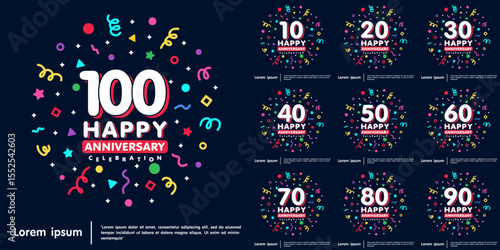 Set of 10-100th years anniversary celebration emblem. Happy anniversary logo isolated with colorful confetti and line doodle and stars. vector illustration template design for web banner
