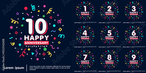 Set of 1st-10th years anniversary celebration emblem. Happy anniversary logo isolated with colorful confetti and line doodle and stars. vector illustration template design for web banner