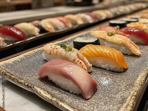 Close-up shot of a high-end sushi presentation workshop
