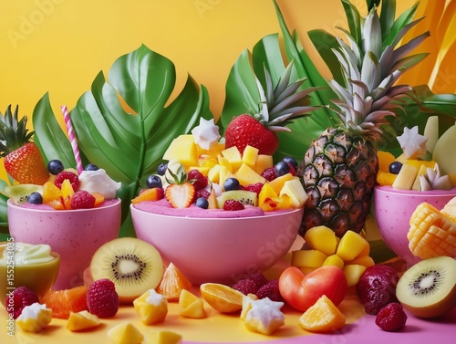 Close-up of a fruit styling class featuring sliced and whole fruits on a colorful background