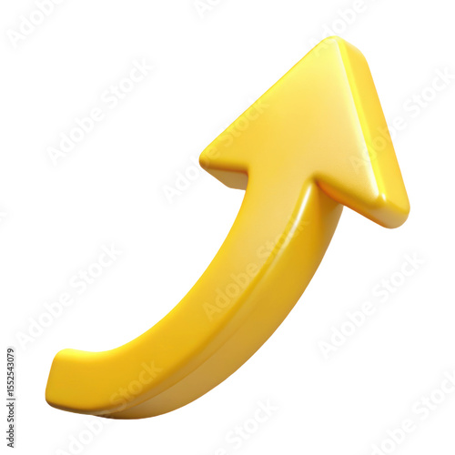 A bright yellow 3d rendered arrow curves upwards indicating progress and success isolated on transparent background