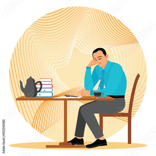 A Young Man in Thought Sitting at a Table with a Pile of Books in Front of Him.