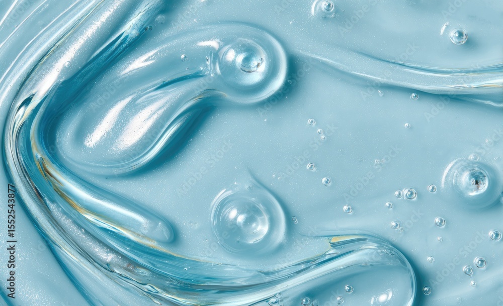Close-up shot of light blue translucent gel with air bubbles, showing swirls and textures. The gel has a glossy, smooth appearance Close-up shot of light blue translucent gel with air bubbles, showing swirls and textures. The gel has a glossy, smooth appearance