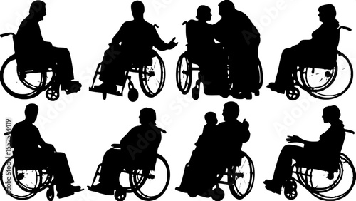 "Design a collection of symbolic black silhouettes in a grid layout, featuring individuals in wheelchairs participating in various activities such as socializing, making music, and sharing support. Ma