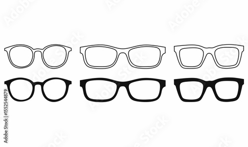 Vector illustration eyeglass frames in silhouette and outline style. Includes round and square lens shapes. Ideal for icons, logo design, or eyewear mockups