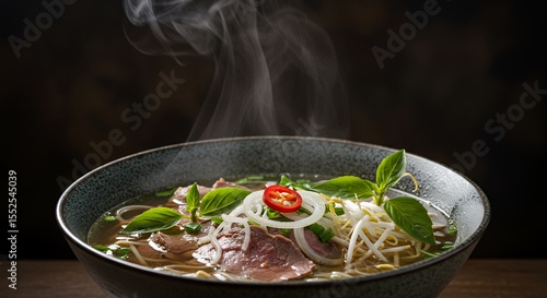 Steaming Bowl of Aromatic Pho with Tender Beef, Fresh Herbs, and Rice Noodles