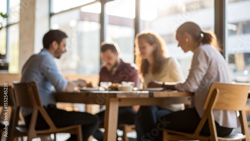 Students in a classroom and businesspeople in a cafe, both groups working, meeting, and smiling