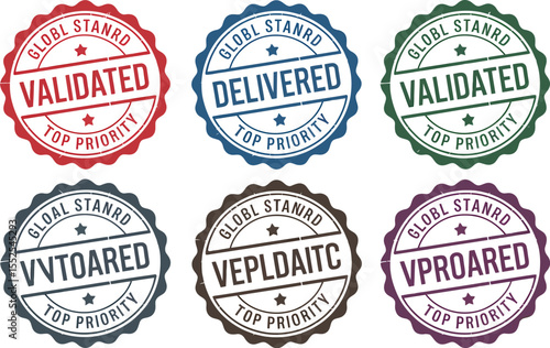 A vector set of grunge rubber stamps shows Validated delivered validated global stanrd top priority seal vector image editable stock vector illustration
