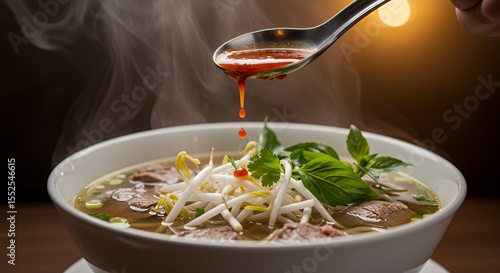 Steaming Pho with Spicy Chili Oil Drizzle, Ready to Savor