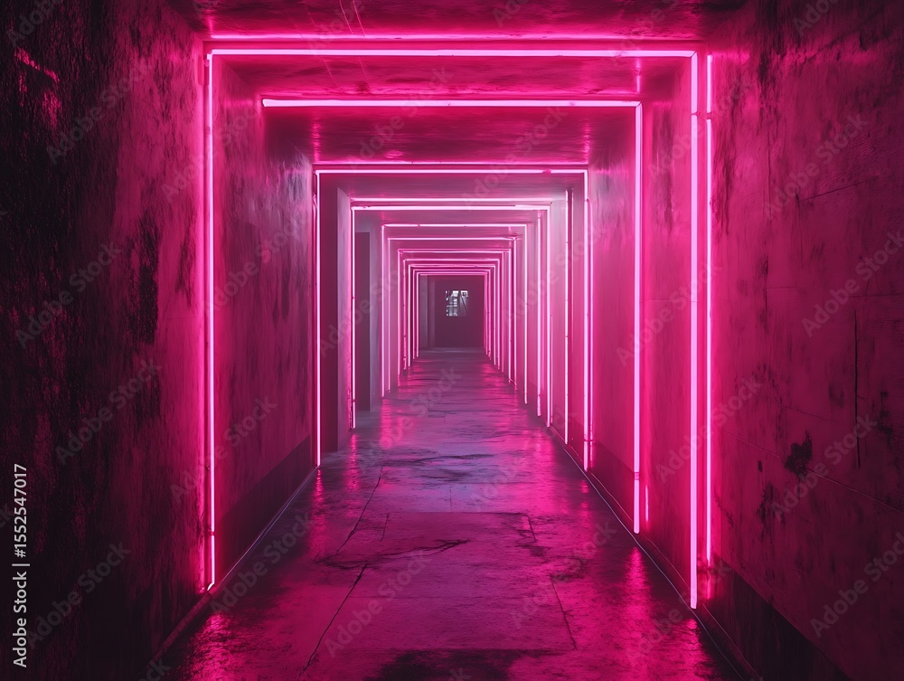 Obraz premium Illuminated tunnel with pink neon lights creating a surreal perspective