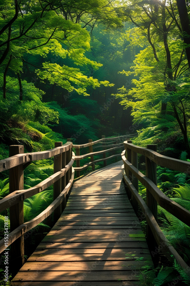 Fototapeta premium Enchanted Forest Path with Wooden Bridge and Golden Sunlight