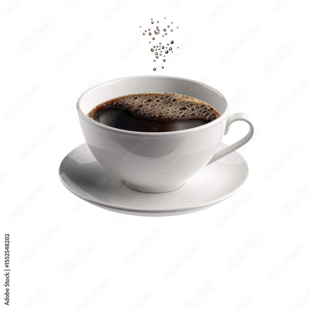 Obraz premium A white coffee cup filled with black coffee and a white saucer.
