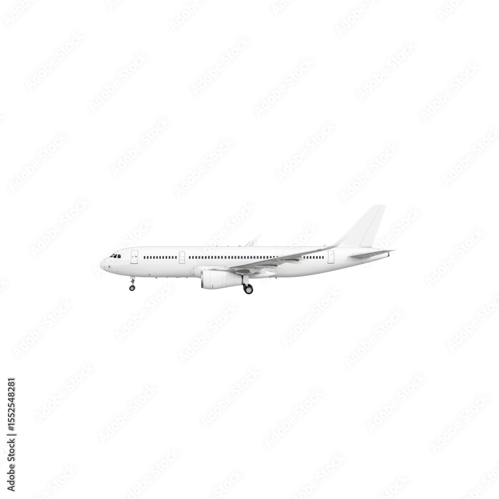 Fototapeta premium Commercial airplane in flight with extended wings and aerodynamic design isolated on white background
