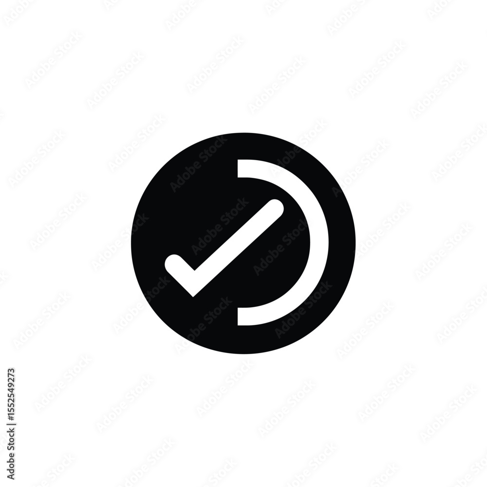 White Tick Symbol on Black Circular Shape with Semi Circle with White Background White Tick Symbol on Black Circular Shape with Semi Circle with White Background