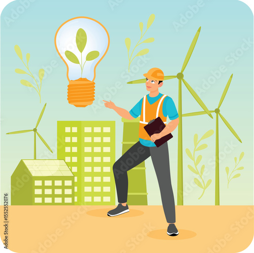 Wind power. Engineer Supervising Renewable Energy With Wind Turbines and Sustainability Icon.