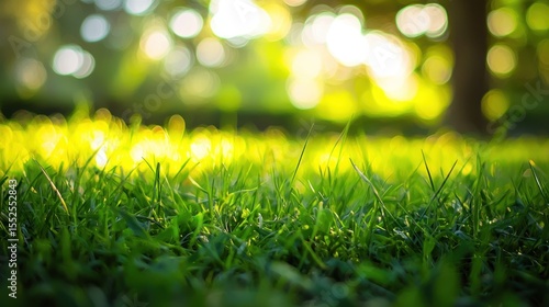 A vibrant green lawn with sunlight filtering through the trees, creating a serene and natural atmosphere.