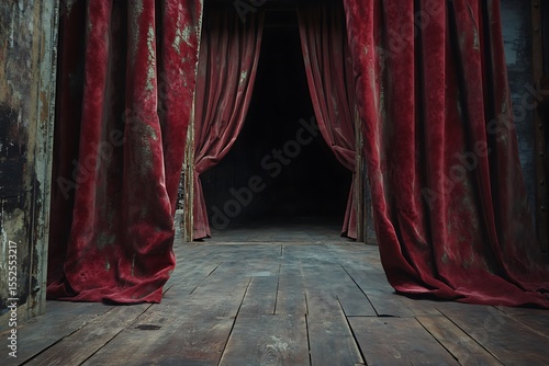 Rustic Stage with Velvet Curtains Red Drapes Opening onto a Dark Wooden Floor