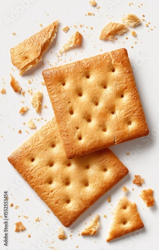 Two crackers, top-down view, with crumbs scattered
