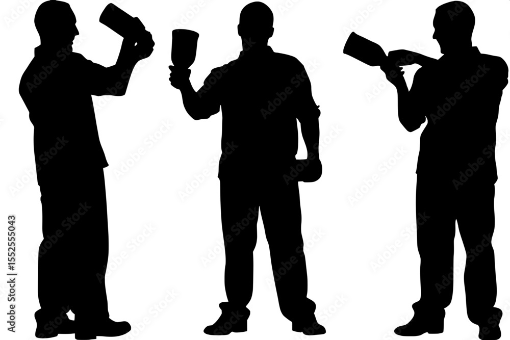 Fototapeta premium “Symmetrical, high-contrast silhouette of three bartending figures, stylized and minimal. Men stand shoulder-width apart, each holding different barware. White background, no depth or detail. Clean ve