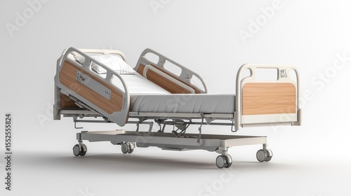 Plakat w ramie A modern, white hospital bed with wooden accents and wheels, positioned against a plain white background.