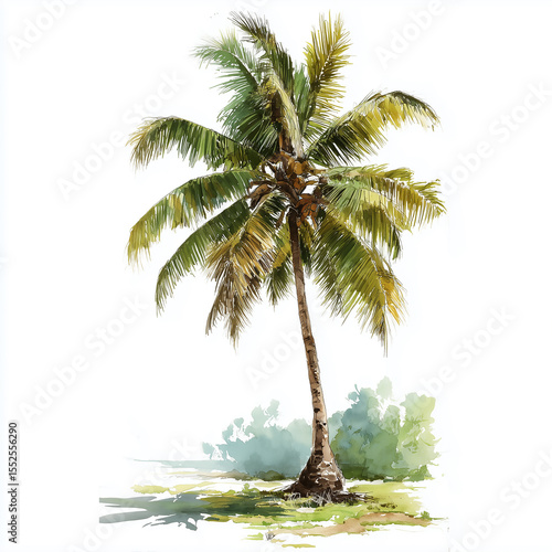 Lush coconut palm tree standing tall in watercolor painting