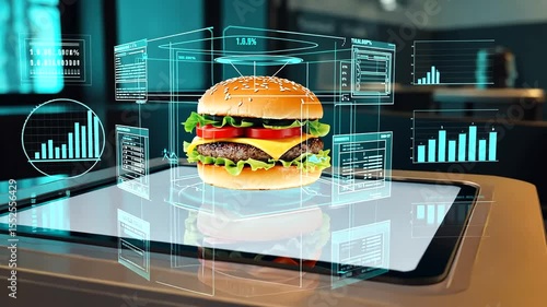 A futuristic burger displayed in augmented reality with data overlays in a modern kitchen