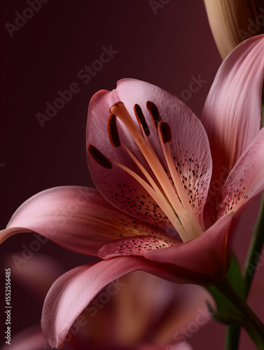 Pink lily flower blooming, showing pistil and stamens