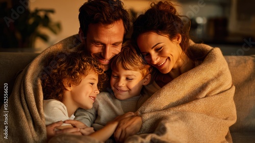 Loving parents cuddling with their two children on a couch, wrapped in a blanket, warm evening light, happy faces full of love