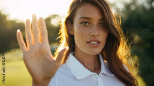 A beautiful woman with brown hair, wearing an all-white polo shirt on the golf course
