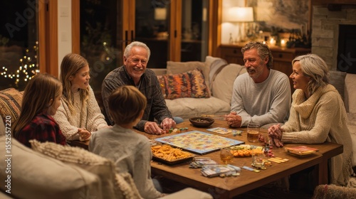 Multigenerational family having a game night, board games and snacks on the table, casual clothing, warm home environment