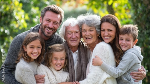 Multigenerational family hugging in garden, grandparents, parents, and kids all smiling, natural light, celebration of unity