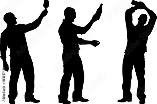“Black silhouette design of three men performing bartending flair tricks. Each man poses uniquely: one with a bottle, one with both shaker and bottle, one holding up a glass. No faces or setting shown