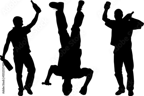 “Black silhouette design of three men performing bartending flair tricks. Each man poses uniquely: one with a bottle, one with both shaker and bottle, one holding up a glass. No faces or setting shown