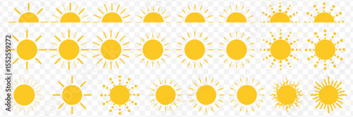 Yellow sun icons set, sunshine and solar glow, sunrise or sunset. Decorative circle full and half suns and sunlight collection. Hot solar energy for tan on Transparent Background. EPS 10.