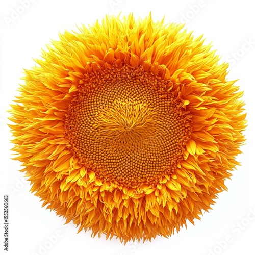 A yellow, fluffy, ball-shaped sunflower with vibrant orange petals, white background