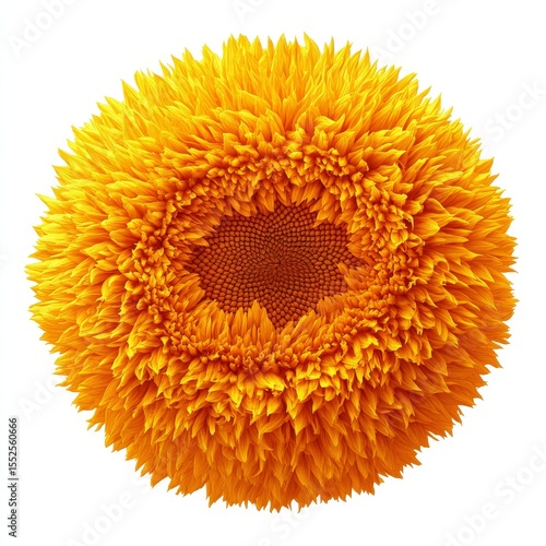 A yellow, fluffy, ball-shaped sunflower with vibrant orange petals, white background