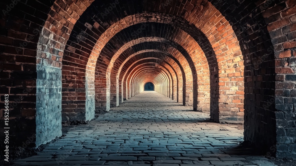 Obraz premium A long, narrow brick tunnel with arched brick walls and a bright, warm light at the end, creating a sense of mystery and anticipation.