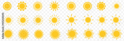 Yellow sun icons set, sunshine and solar glow, sunrise or sunset. Decorative circle full and half suns and sunlight collection. Hot solar energy for tan on Transparent Background. EPS 10.