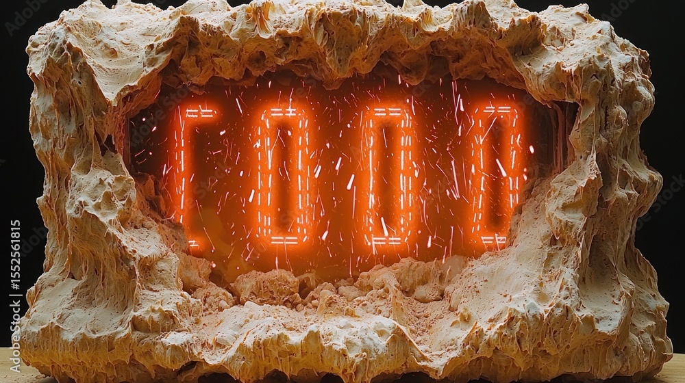 Fototapeta premium Neon Cave: A Digital Countdown Embedded in Stone