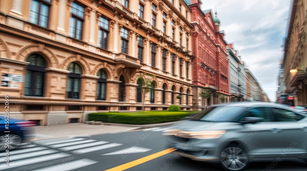 Fototapeta premium Precise architectural color photography, blurred bokeh effect, moving car, blur effect, sharp subject focus, soft background, sharp lines, detailed structures, wide angles