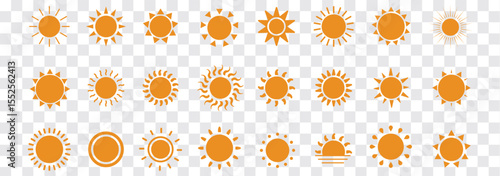 Sun icon set. Yellow and Black color sun icons. Sunrise and Sunset icon collection. Yellow, Orange and Black sun star icons. Vector illustration. Eps 10