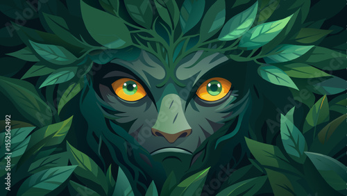 Forest spirit face in green leaves offers a mystical vibe perfect for fantasy designs and nature-themed projects for branding or digital art.