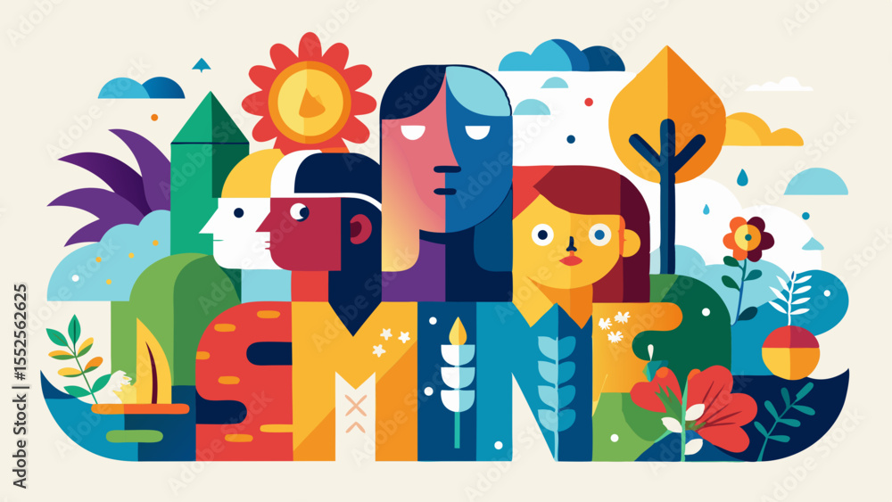 Colorful creative design displays people, sun, flowers, and trees for branding or graphic elements for web or print.