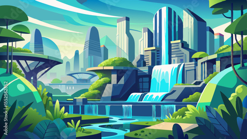 Beautiful cityscape with nature and waterfalls, a modern utopian graphic for logo design or vibrant eco-friendly presentations.