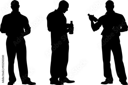 “Minimalist silhouette illustration of three adult men bartending, evenly spaced in a straight line. Each man holds a different bartending item: bottle, shaker with bottle, cocktail glass. Stylized bl