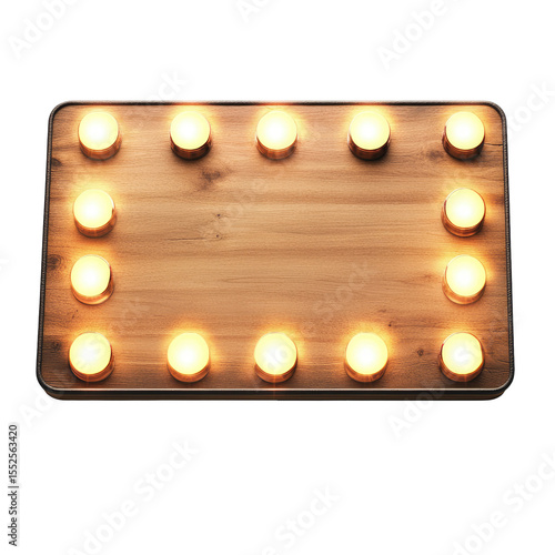Fototapeta Naklejka Na Ścianę i Meble -  Wooden sign with glowing lights.  A rectangular sign with wood grain texture, outlined in metal, encircles a frame of glowing light bulbs