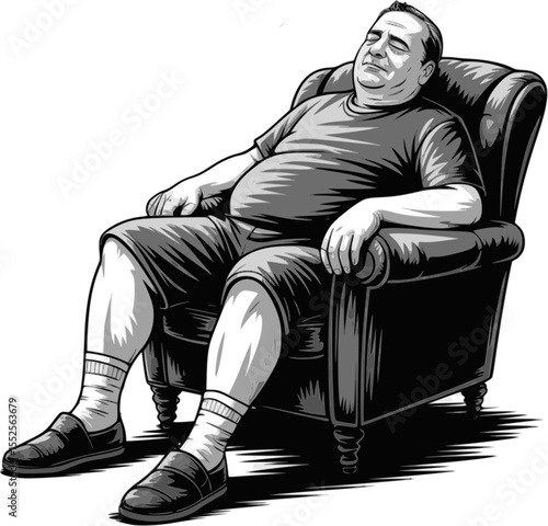 Sleeping Dad Vector Illustration – Tired Father Napping in Armchair – Black and White Lazy Dad Clipart – Funny Relaxed Man Dozing Off – Hand Drawn Resting Dad Design for Family and Humor Projects