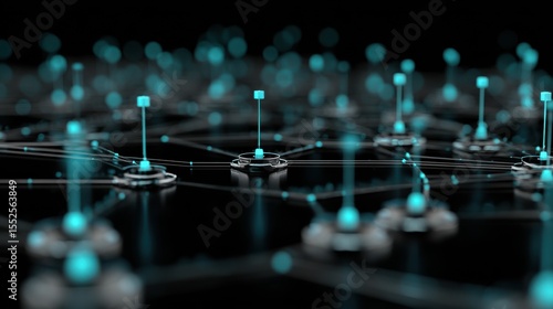 Network of Turquoise Nodes and Connecting Lines on Black